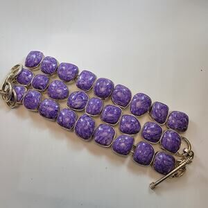 Gemstone Bracelets Sterling Silver Triple Row Purple Charoite Statement Bracelet